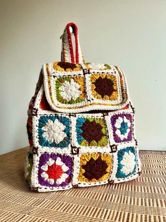 Handcrafted Cream Multicolor Crochet Backpack - Picture 3 of 8